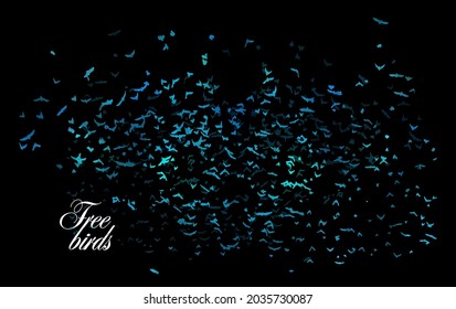 A flock of blue birds. Night sky. Dark background. Vector illustration