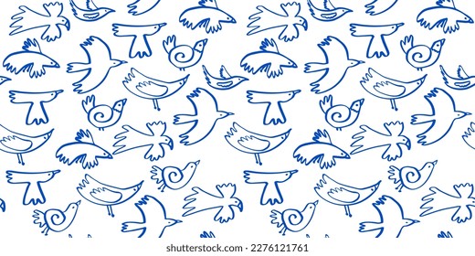 Flock of blue  flying birds vector seamless pattern. Doodle outline illustration for package, textile or paper design.