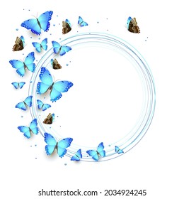 flock of blue flying butterflies on a white background