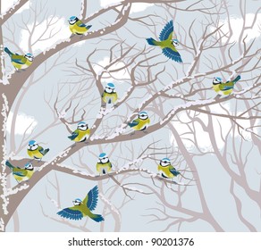 Flock of blue tits perching on branches of trees