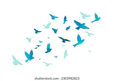 A flock of blue watercolor flying birds. Free birds abstraction Vector illustration