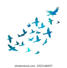 A flock of blue watercolor flying birds. Free birds abstraction Vector illustration