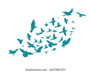 A flock of blue watercolor flying birds. Free birds abstraction Vector illustration
