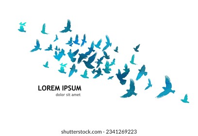 A flock of blue watercolor flying birds. Free birds abstraction Vector illustration