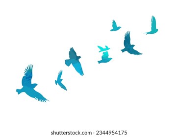 A flock of blue watercolor flying birds. Free birds abstraction Vector illustration