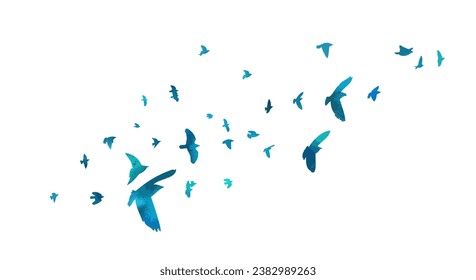 A flock of blue watercolor flying birds. Free birds abstraction. hand drawing. Not AI, Illustrat3. Vector illustration