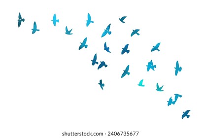 A flock of blue watercolor flying birds. Free birds abstraction. hand drawing. Not AI, Vector illustration