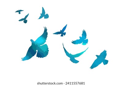 A flock of blue watercolor flying birds. Free birds abstraction. hand drawing. Not AI. Vector illustration