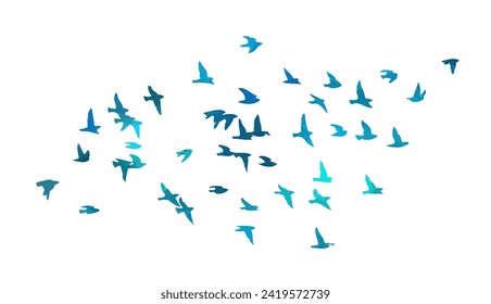 A flock of blue watercolor flying birds. Free birds abstraction. hand drawing. Not AI. Vector illustration