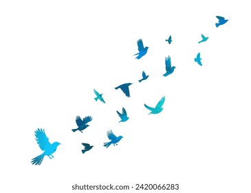 A flock of blue watercolor flying birds. Free birds abstraction. hand drawing. Not AI. Vector illustration