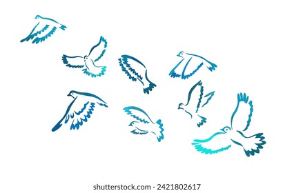 A flock of blue watercolor flying birds. Free birds abstraction. hand drawing. Not AI. Vector illustration