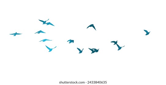 A flock of blue watercolor flying birds. hand drawing. Not AI, Free birds abstraction. Vector illustration