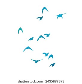 A flock of blue watercolor flying birds. hand drawing. Not AI, Free birds abstraction. Vector illustration