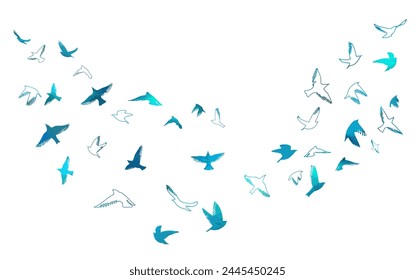 A flock of blue watercolor flying birds. hand drawing. Not AI, Free birds abstraction. Vector illustration.