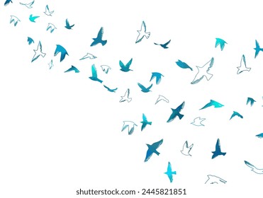 A flock of blue watercolor flying birds. hand drawing. Not AI, Free birds abstraction. Vector illustration.