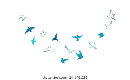 A flock of blue watercolor flying birds. hand drawing. Not AI, Free birds abstraction. Vector illustration.
