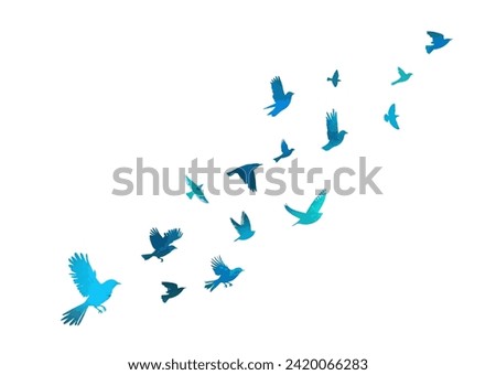 A flock of blue watercolor flying birds. Free birds abstraction. hand drawing. Not AI. Vector illustration