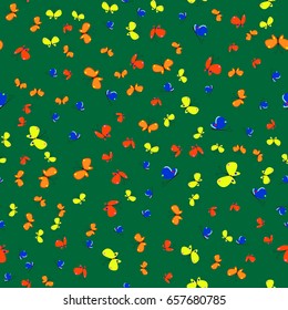 A flock of bright cartoon multicolored fluttering butterflies on a dark green background. A seamless pattern for packaging paper, textiles, printed products and background images