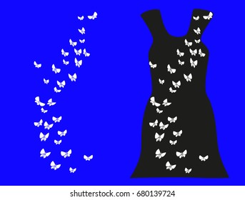 A flock of butterflies. Made in vector style. Butterflies of white color on a blue and black background. Designed for textile printing, embroidery, postcards, printing, template.