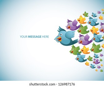 Flock of Cartoon Birds Points to Your Message. EPS 8 vector, no open shapes or paths, grouped for easy editing.