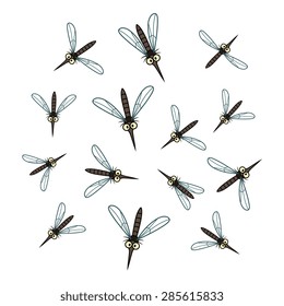 A flock of cartoon mosquito isolated on the white background.