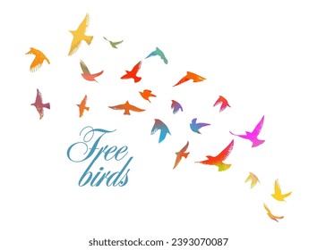 Un rebaño de pájaros de colores. dibujo a mano. Aves libres. No IA, ilustración vectorial