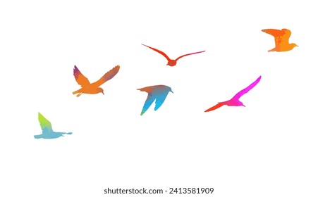 A flock of colored birds. Not AI, Flying seagulls. Vector illustration