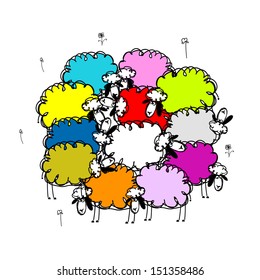 Flock of colored sheeps, sketch for your design