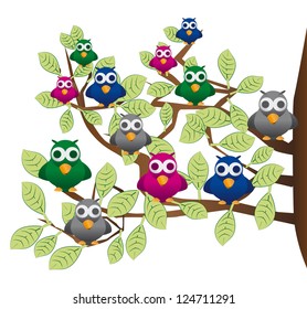 a flock of colorful birds on a tree in spring