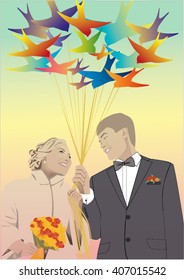 flock of colorful birds wedding vector illustration