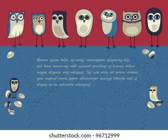 A Flock of Colorful Owls - Background, with colored eggs, red and blue