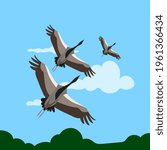 A flock of cranes is flying across the sky. Vector illustration.