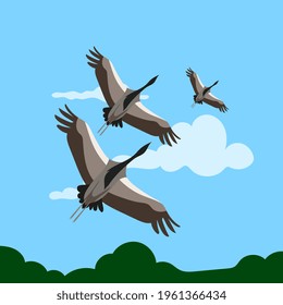 A flock of cranes is flying across the sky. Vector illustration.