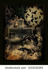 Flock of crows and skull in night cemetery, halloween greeting card vector illustration