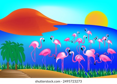 A flock of cute bright pink flamingos stand in different poses against the background of a summer landscape. There are many pink flamingos. A trip to a fabulous hot country. Vector. Tourism. 