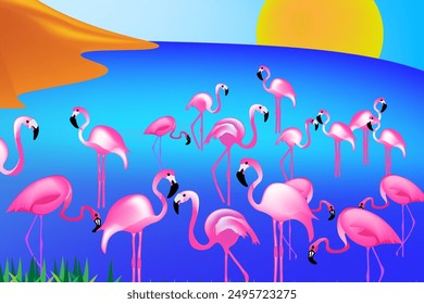 A flock of cute bright pink flamingos stand in different poses against the background of a summer landscape. There are many pink flamingos. A trip to a fabulous hot country. Vector. Tourism. 