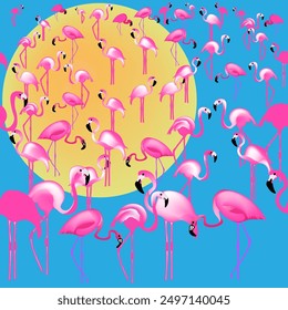 A flock of cute bright pink flamingos stands in different poses against the background of a summer landscape. There are a lot of pink flamingos here.A trip to a fabulous hot country.Seamless pattern. 