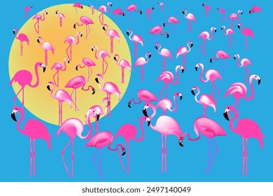 A flock of cute bright pink flamingos stands in different poses against the background of a large yellow sun.There are a lot of pink flamingos here.A trip to a fabulous hot country.Vector illustration