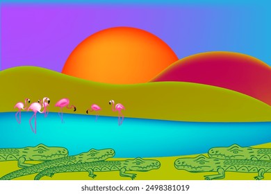 A flock of cute bright pink flamingos stands in different poses against the background of a large orange sun.Colorful exotic nature.Pink flamingos are standing in the water.A trip to a fairyland.