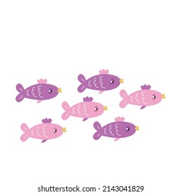 Flock of cute cartoon fish on a white background