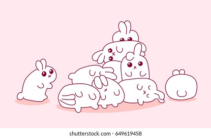 Flock of cute child rabbits vector illustration. Funny little adorable bunnies playing king of the hill. Charming furry hare crowd with big eyes for postcard, poster ads and print design