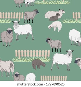 A flock of cute lambs on a green meadow.Colorful stylish floral. Template for the design of print, fabric, wallpaper and box.