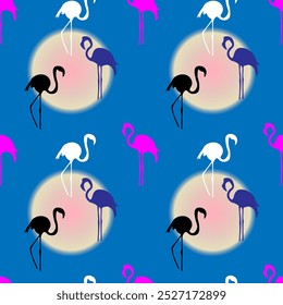 A flock of cute pink flamingos stands in different poses against the background of a summer landscape. Flamingos on the background of sunset.A trip to a fairyland. Seamless pattern.Vector illustration