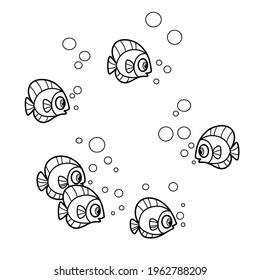 Flock of cute sea fish outlined for coloring page isolated on white background