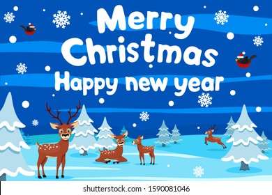 Flock of deer on a winter background. Christmas background, place for text.