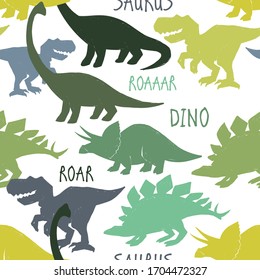 Flock of dinosaurs. Seamless pattern with doodle Dino. Tyrannosaur, stegosaurus, triceratops, brachiosaurus. Simple design for kindergarten decoration. Cartoon monster vector illustration.