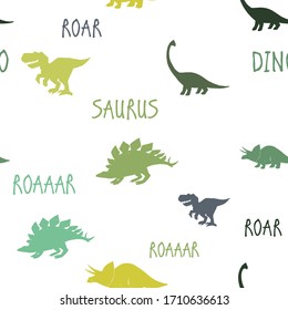 Flock of dinosaurs. Seamless pattern with doodle Dino. Tyrannosaur, stegosaurus, triceratops, brachiosaurus. Simple design for kindergarten decoration. Cartoon monster vector illustration.