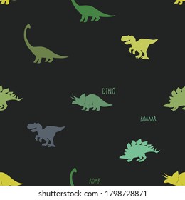 Flock of dinosaurs. Seamless pattern with doodle Dino on black. Tyrannosaur, stegosaurus, triceratops, brachiosaurus. Simple design for kindergarten decoration. Cartoon vector illustration.