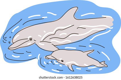 flock of dolphins in the sea. Mom with a cub. Vector illustration.