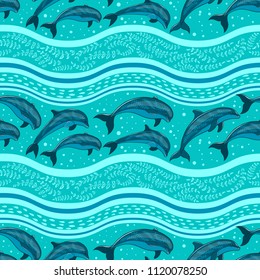 A flock of dolphins in the sea, strips and borders. Marine seamless pattern.